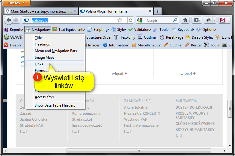 Accessibility toolbar oferuje narzędzia do ekstrakcji, wyświetlenia listy linków.